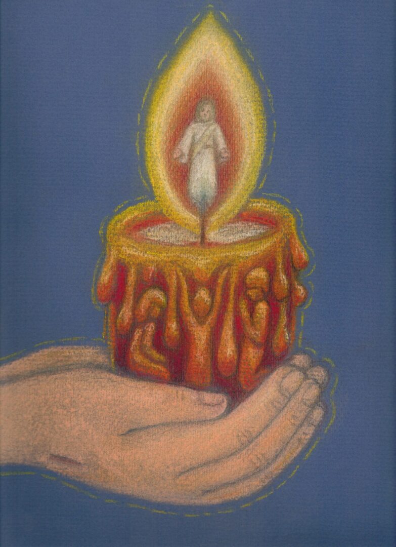 A hand holding a melting candle with a ghostly figure inside the flame.