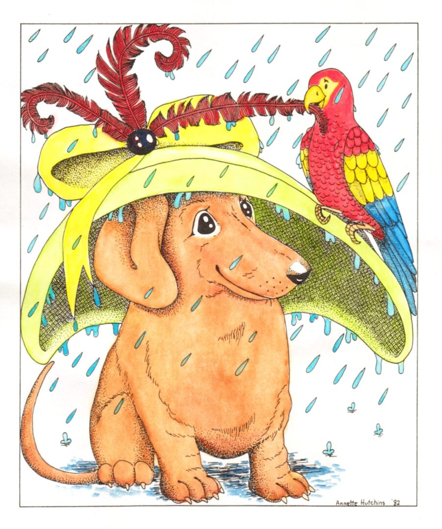 A cartoon dog wearing a large hat with a bird and feathers in the rain.