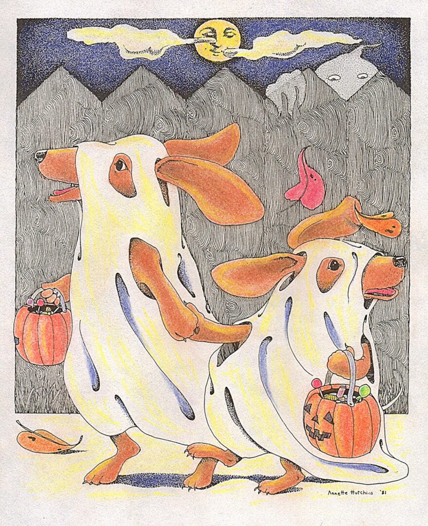 Two playful cows dressed as ghosts holding Halloween pumpkins.