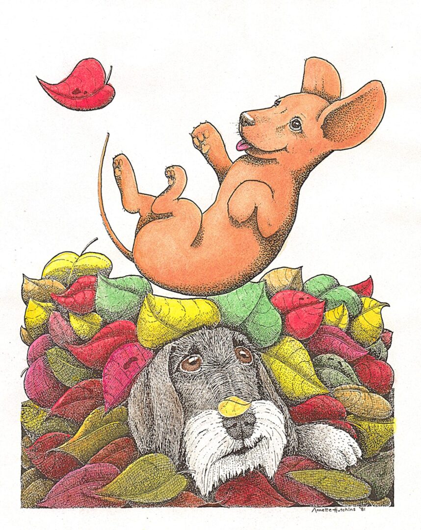 A joyful mouse and cat with colorful leaves and a red bird.