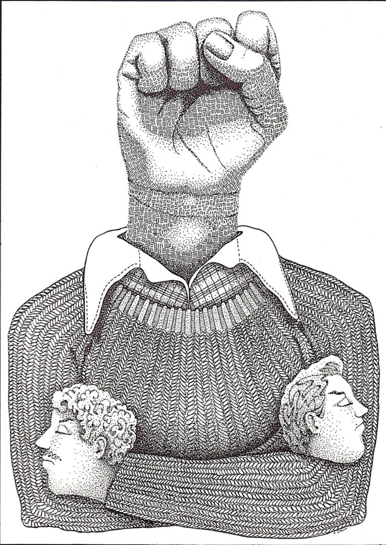 Illustration of a raised fist with two faces on the shoulders.