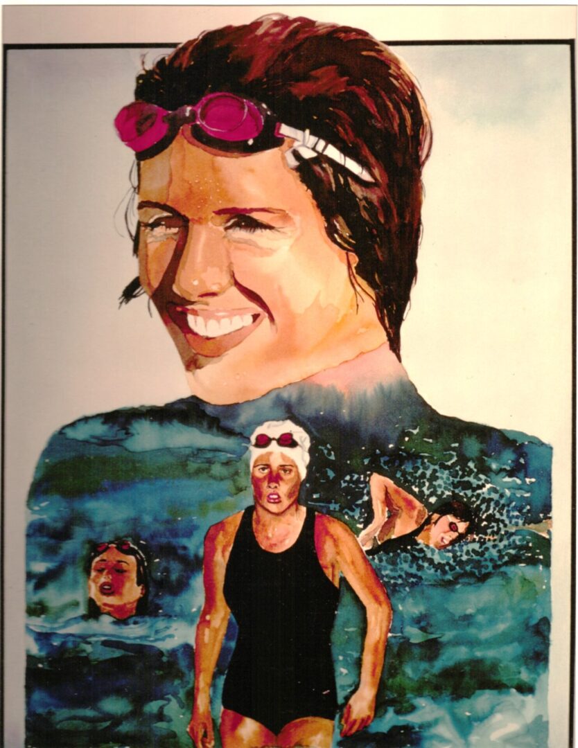 Artistic painting of a smiling woman with swimming scenes below her face.