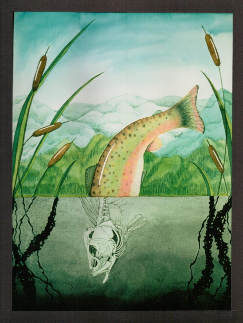 A colorful fish leaps from water with underwater roots and skull visible.