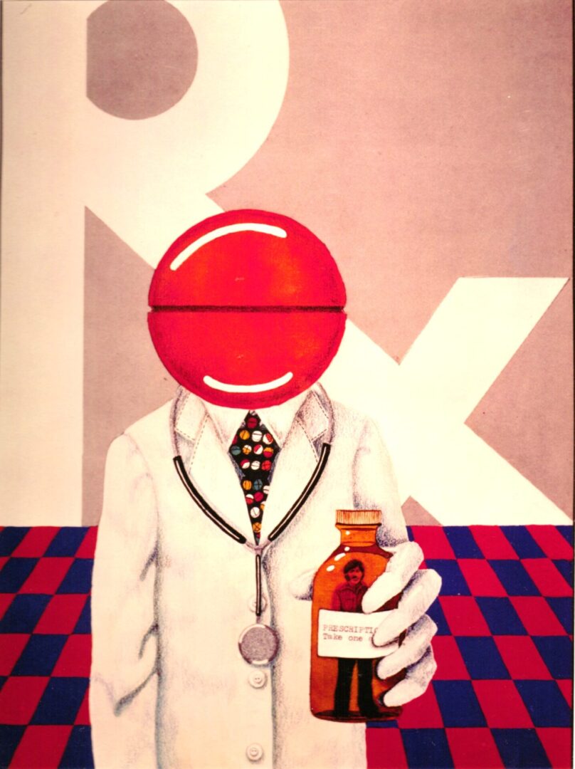A person in a white coat with a red smiley face head holding a bottle.