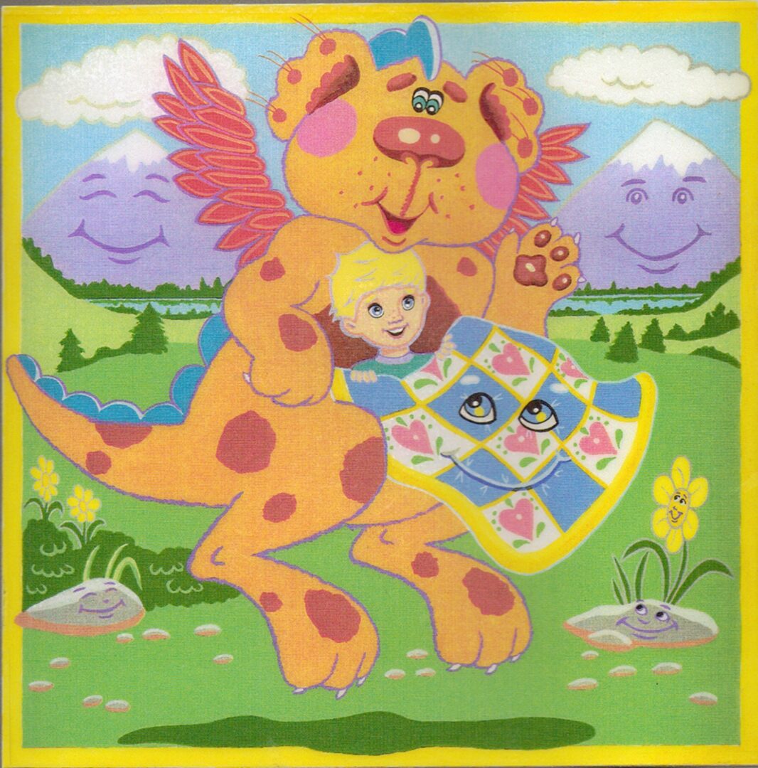 A cheerful dog holds a map with a happy child on its back in a colorful outdoor setting.