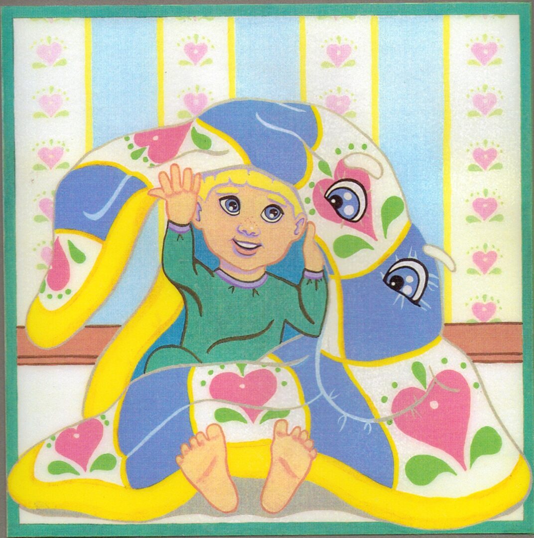 Colorful cartoon girl playing with a vibrant, decorated toy.