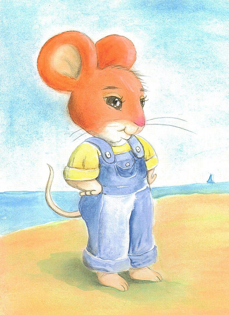 A thoughtful mouse in overalls standing on a beach.