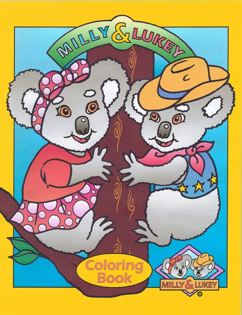 Two koalas hugging a tree on a colorful coloring book cover.