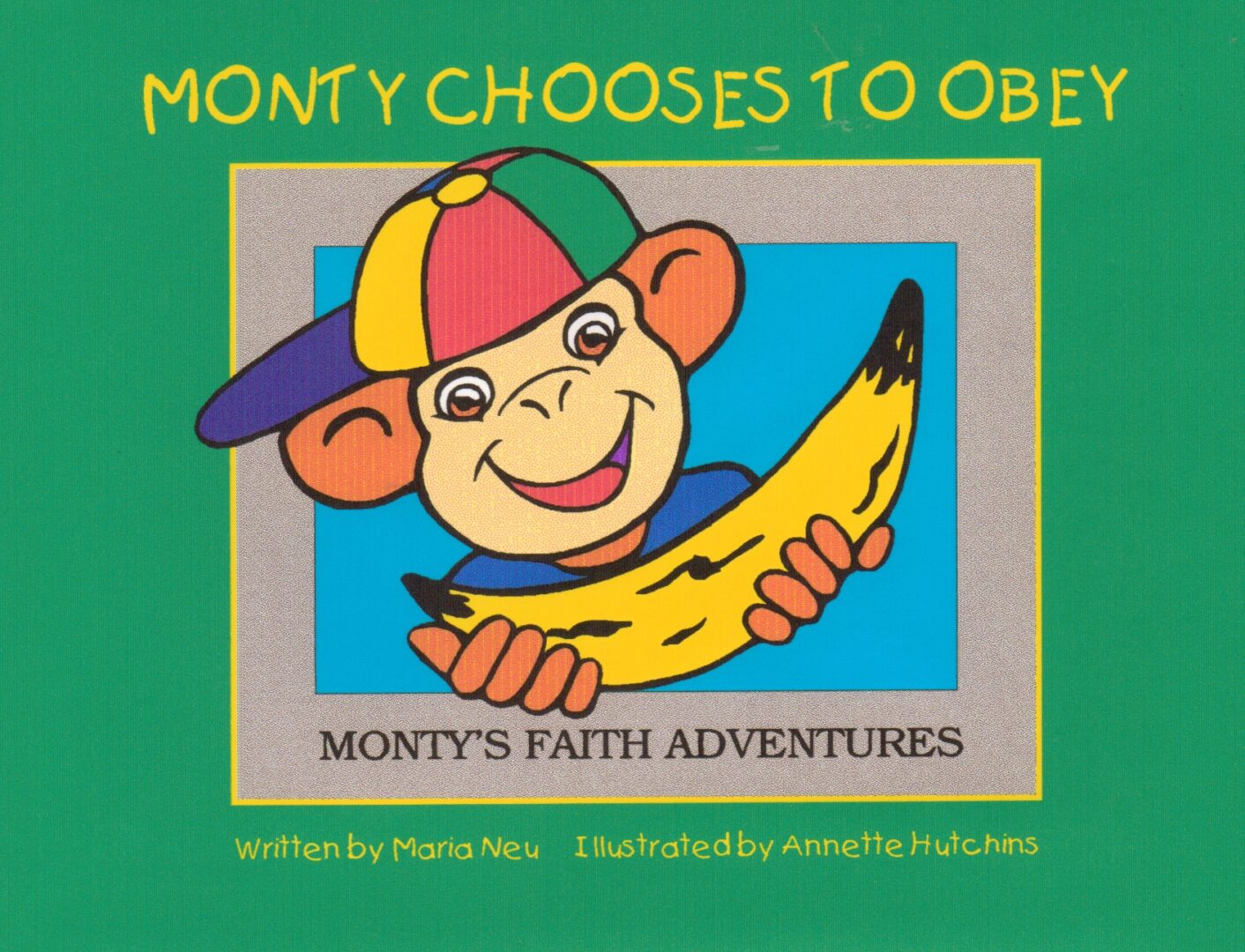 Cartoon monkey Monty holding a banana with 'Monty Chooses to Obey' text.