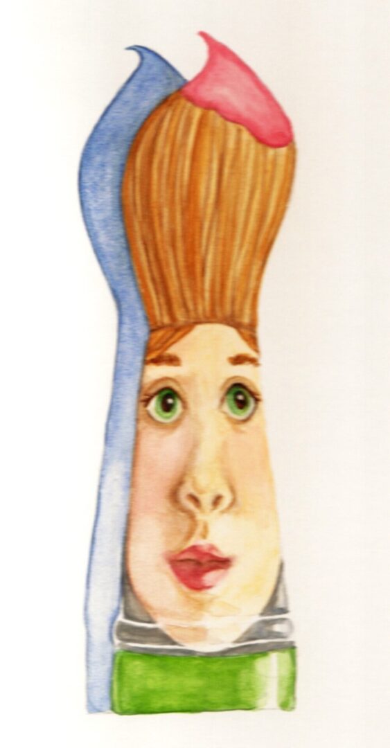 Surreal portrait of a woman with exaggerated tall hair and expressive green eyes.