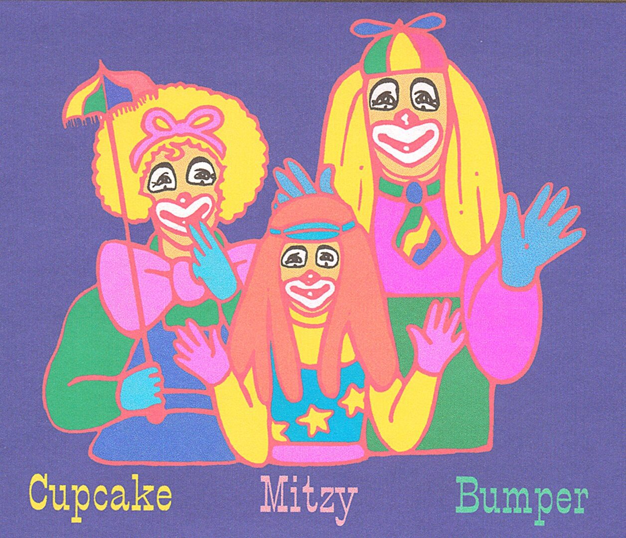Three colorful, smiling puppet characters with exaggerated features and bright costumes.