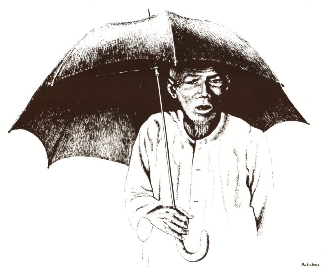 Black and white artistic sketch of a man holding an umbrella.