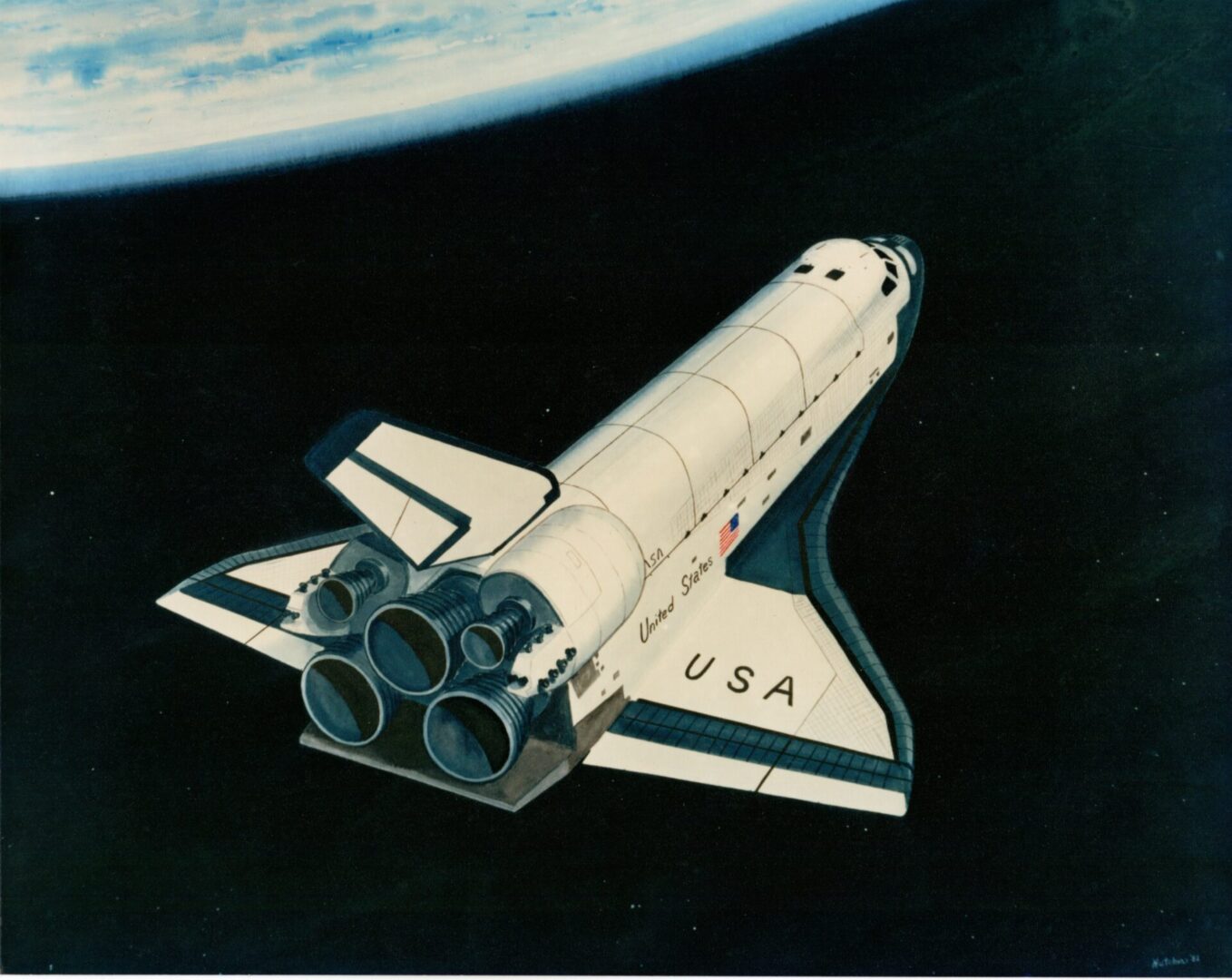 Space shuttle orbiting Earth with visible engines and USA markings.
