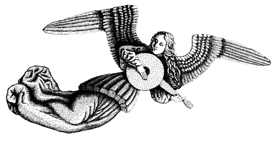 Illustration of an angel playing a stringed instrument.