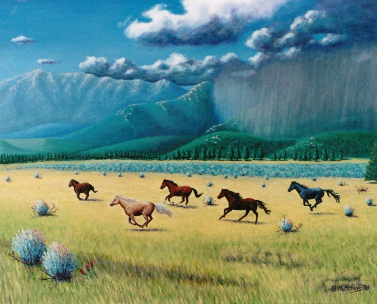 Horses running freely across a vast grassy plain under a dramatic cloudy sky.