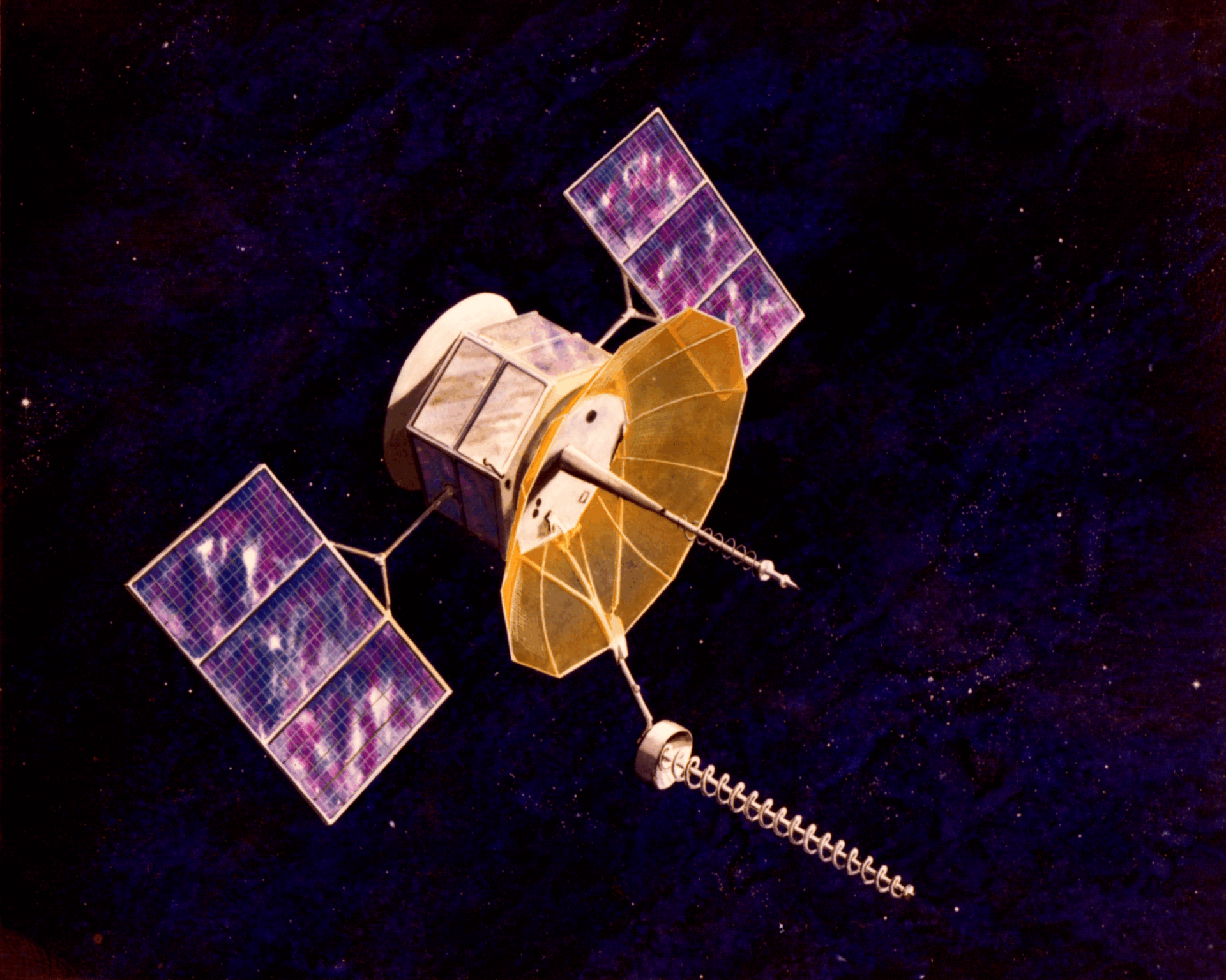 A satellite orbiting in space with solar panels extended.